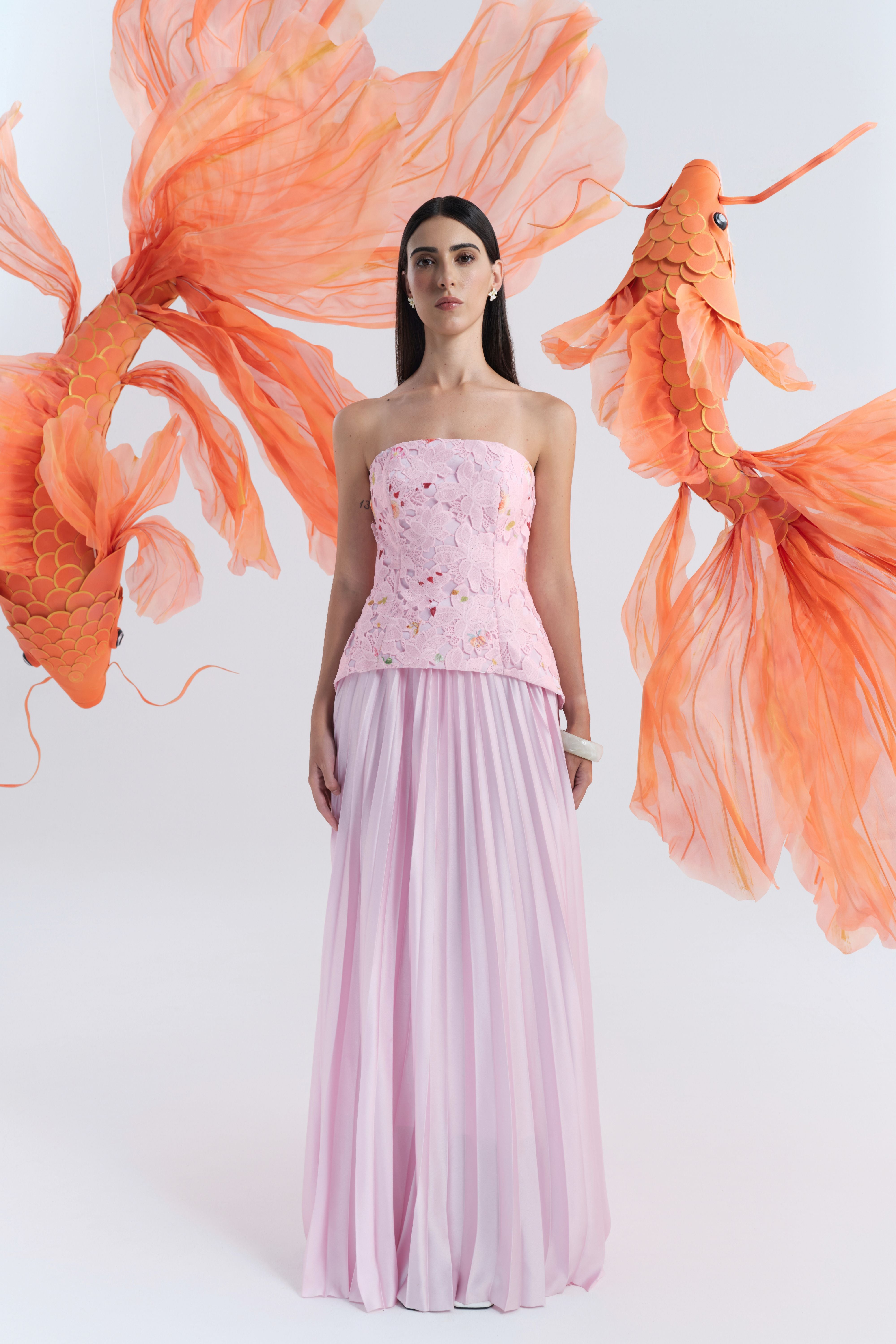 justin tong pink dress JUSTIN TONG (pink) Cascade corset pleat gown